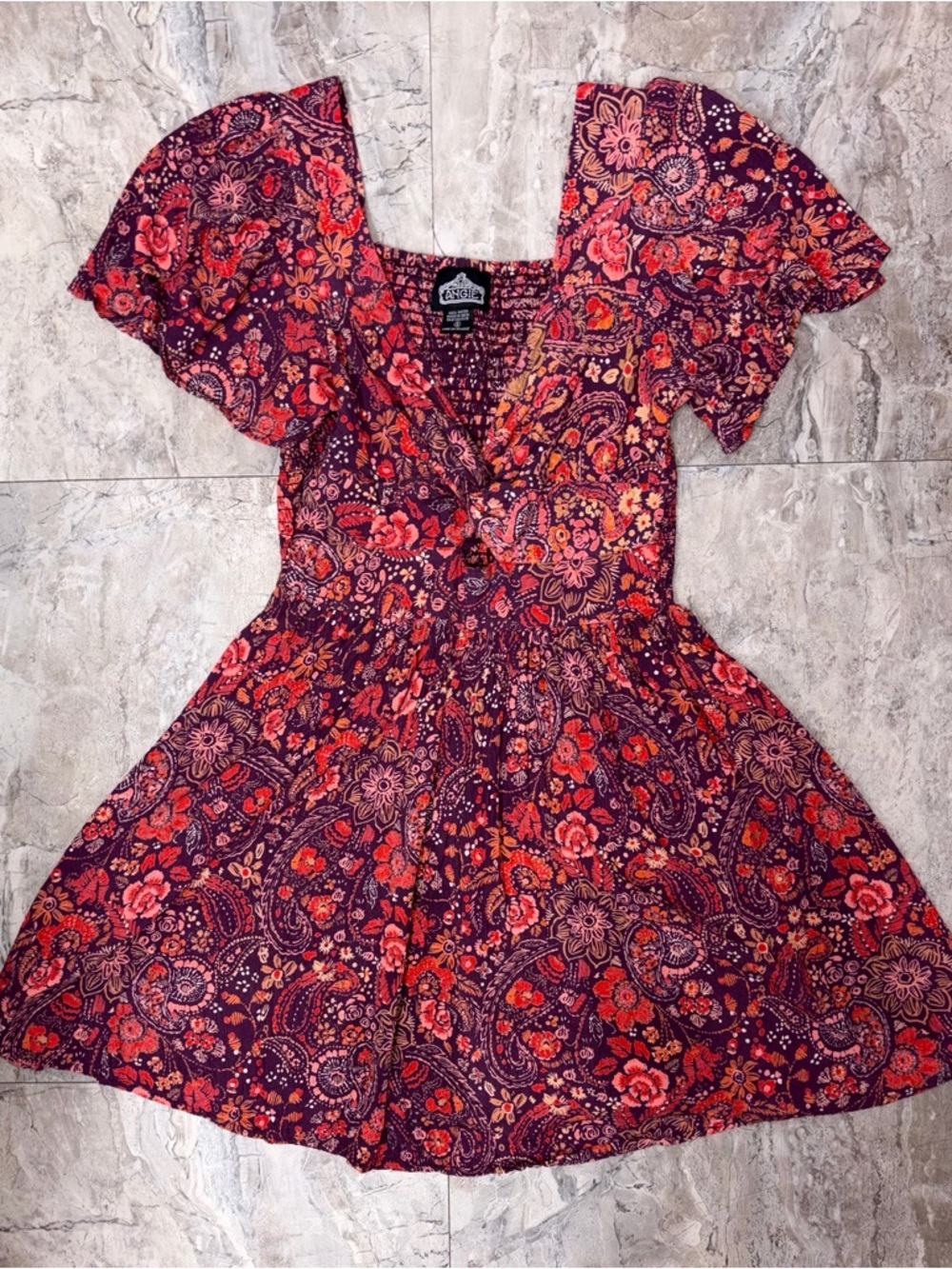 Angie Paisley Floral Mini Dress in Burgundy and Coral Pink